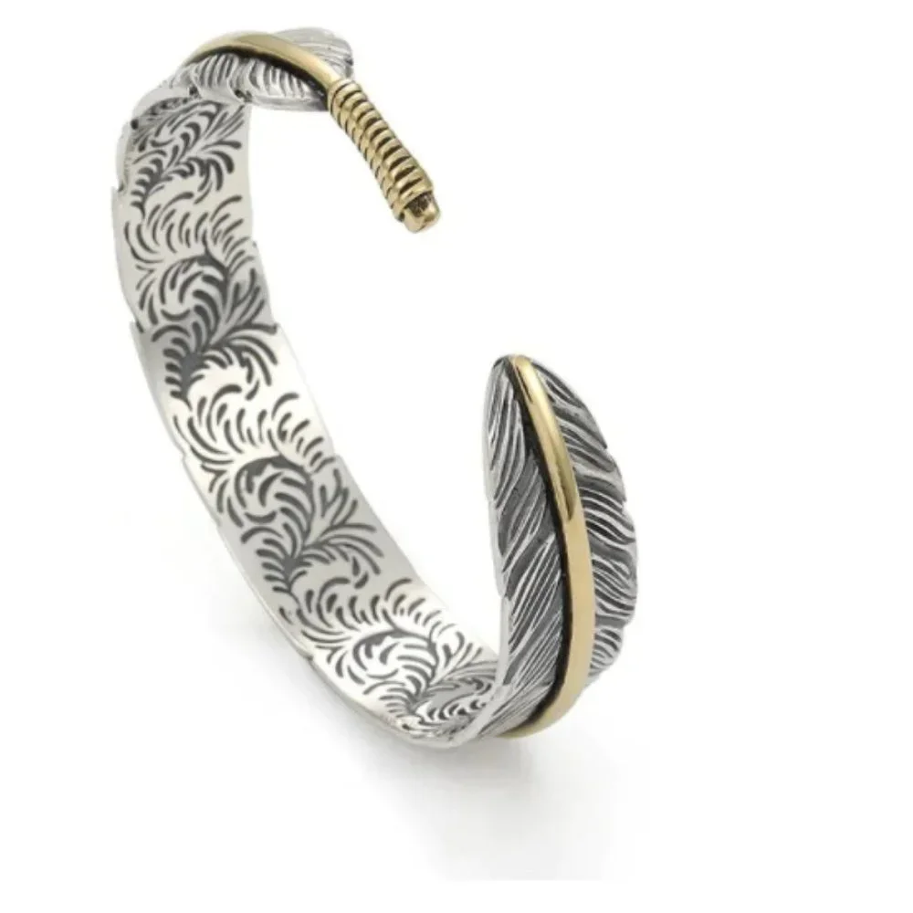 Takahashi Goro's Handmade Silver Golden Feather Cuff Bracelet Bangle